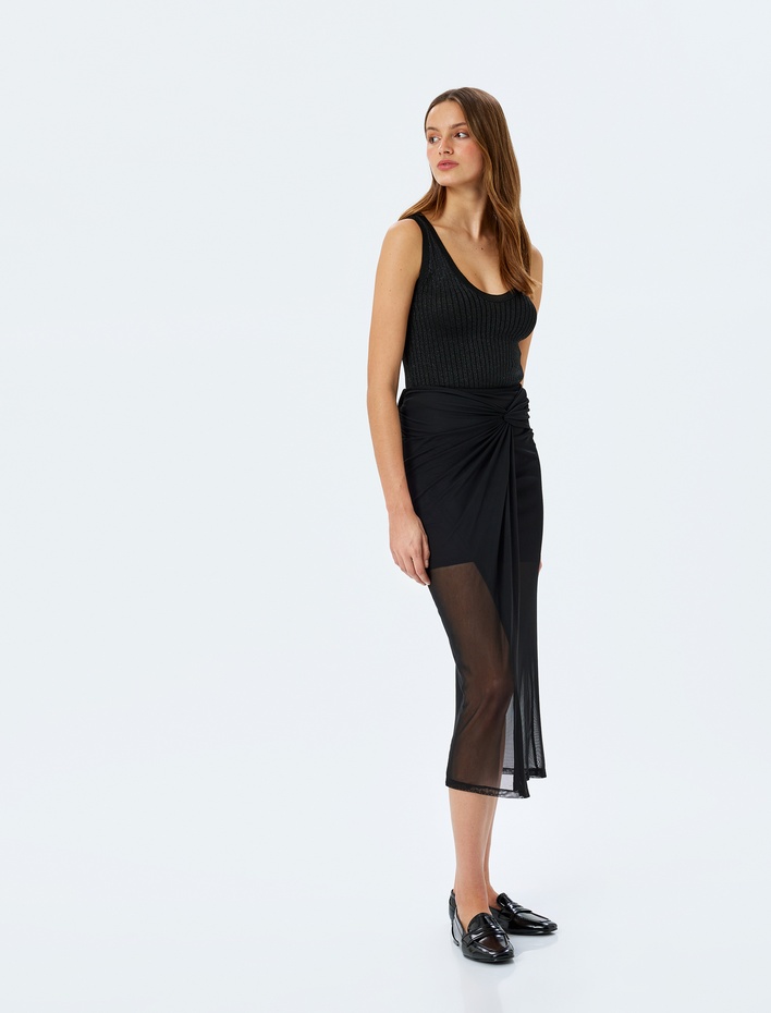  Yarım Astarlı Düğüm Detaylı Tül Midi Etek