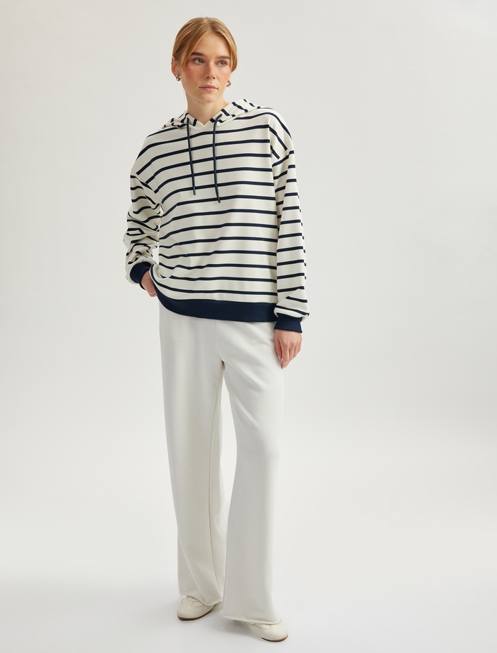 Çizgili Uzun Kollu Kapşonlu Sweatshirt