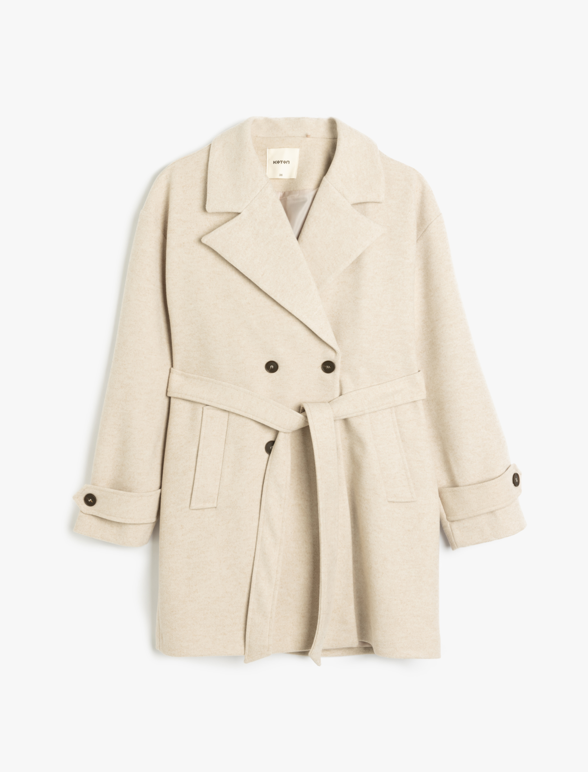   Uzun Kollu Kemerli Cepli Kruvaze İnce Kaşe Kaban