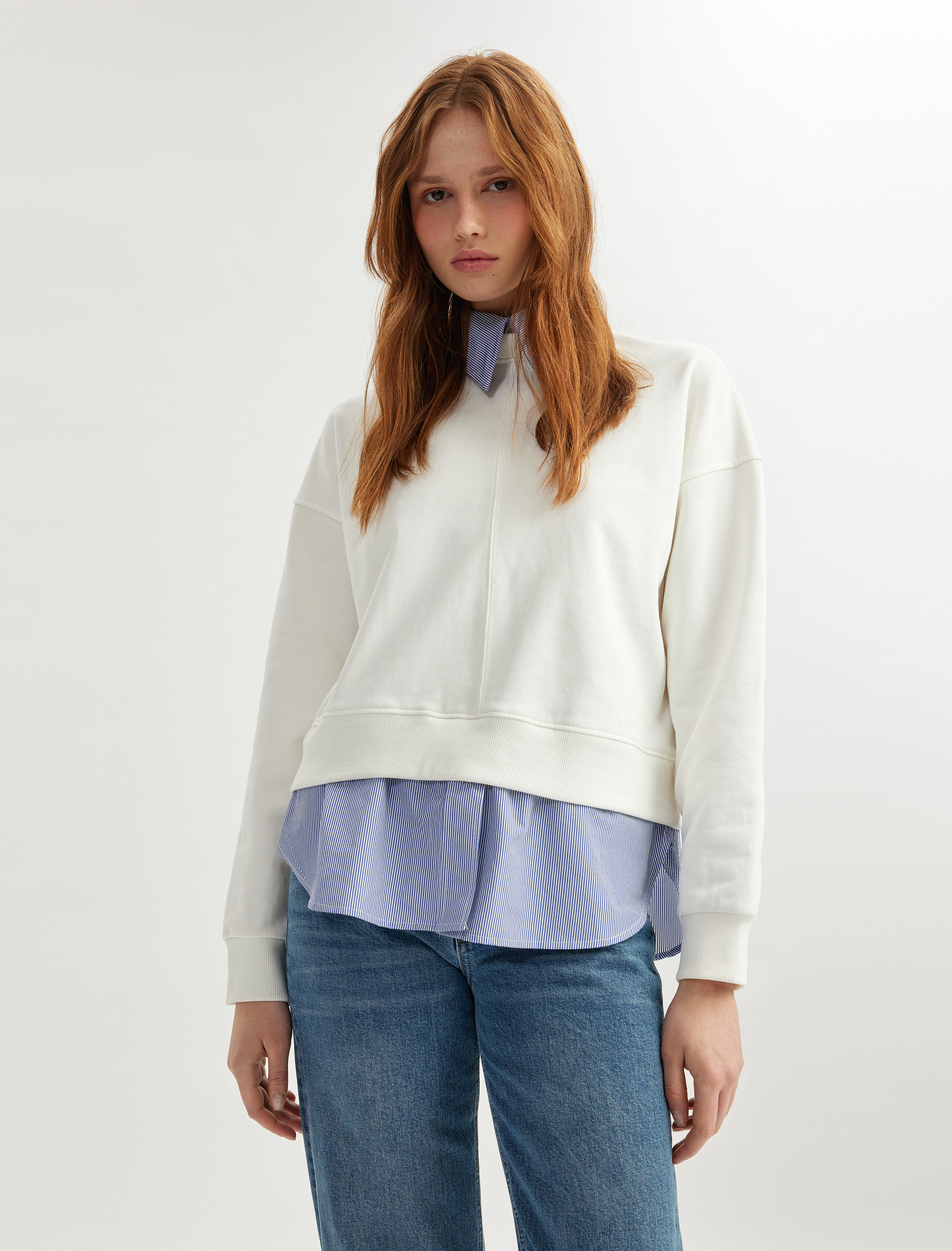   İki Farklı Kumaş Kullanımlı Uzun Kollu Pamuklu Gömlek Yaka Sweatshirt