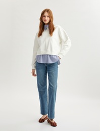 İki Farklı Kumaş Kullanımlı Uzun Kollu Pamuklu Gömlek Yaka Sweatshirt