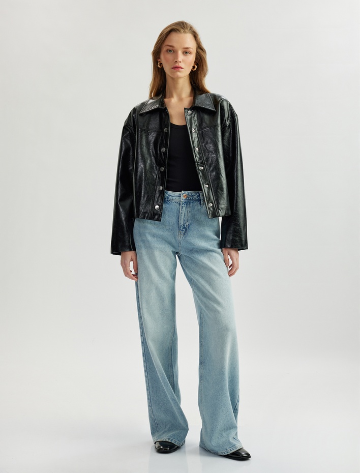  Çıtçıt Düğme Detaylı Uzun Kollu Cepli Kruvaze Suni Deri Ceket