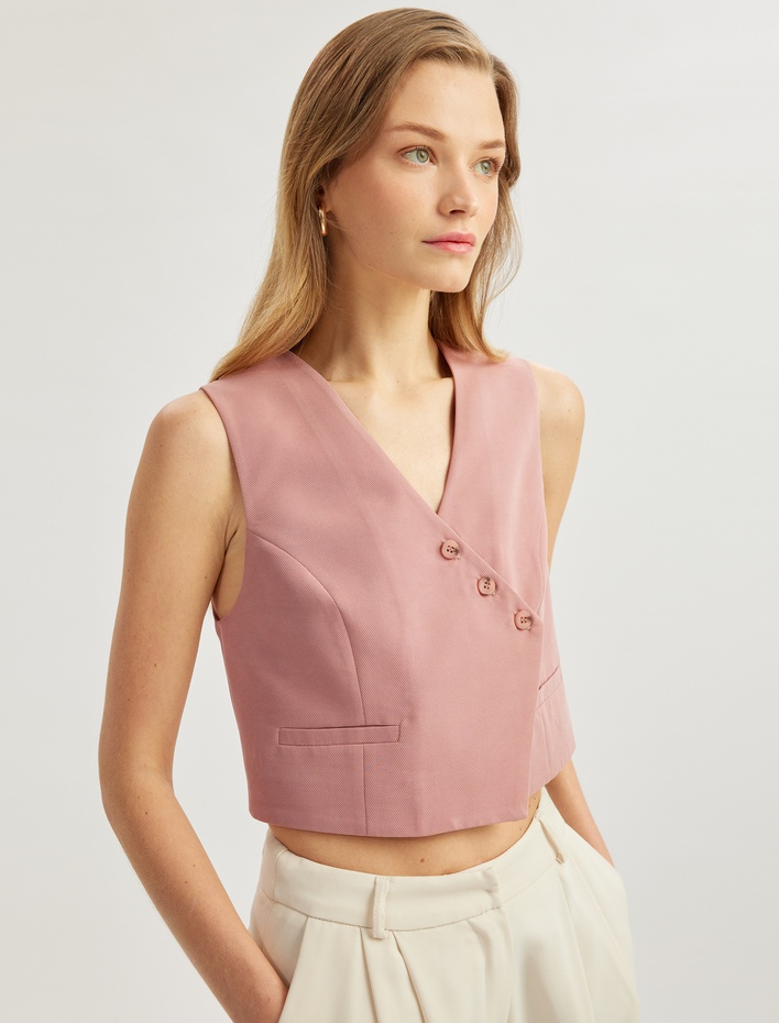  Kolsuz Düğmeli Asimetrik Kruvaze Modal Yelek