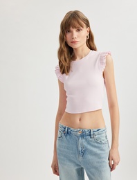 Pamuklu Bisiklet Yaka Slim Fit Fırfırlı Kolsuz Tişört