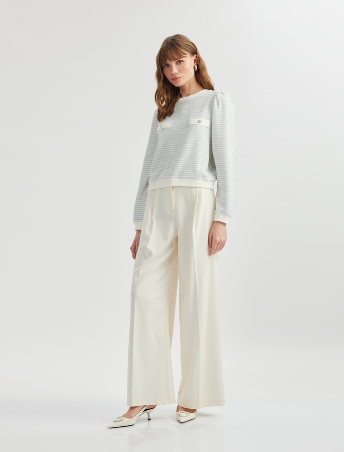  Uzun Balon Kol Aplike Detaylı Bisiklet Yaka Çizgili Sweatshirt