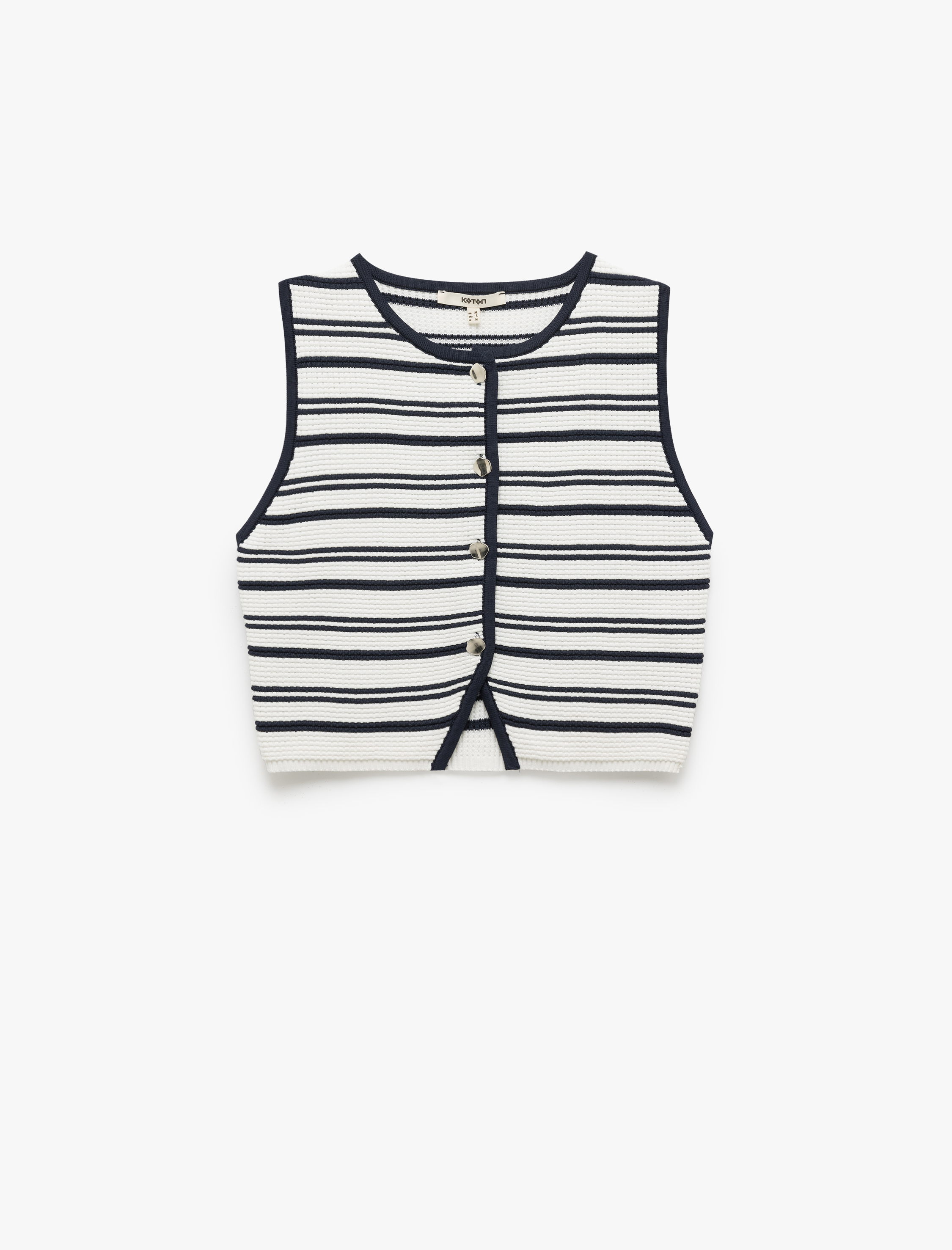   Düğmeli Kolsuz Dokulu Bisiklet Yaka Çizgili Triko Yelek