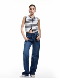 Düğmeli Kolsuz Dokulu Bisiklet Yaka Çizgili Triko Yelek