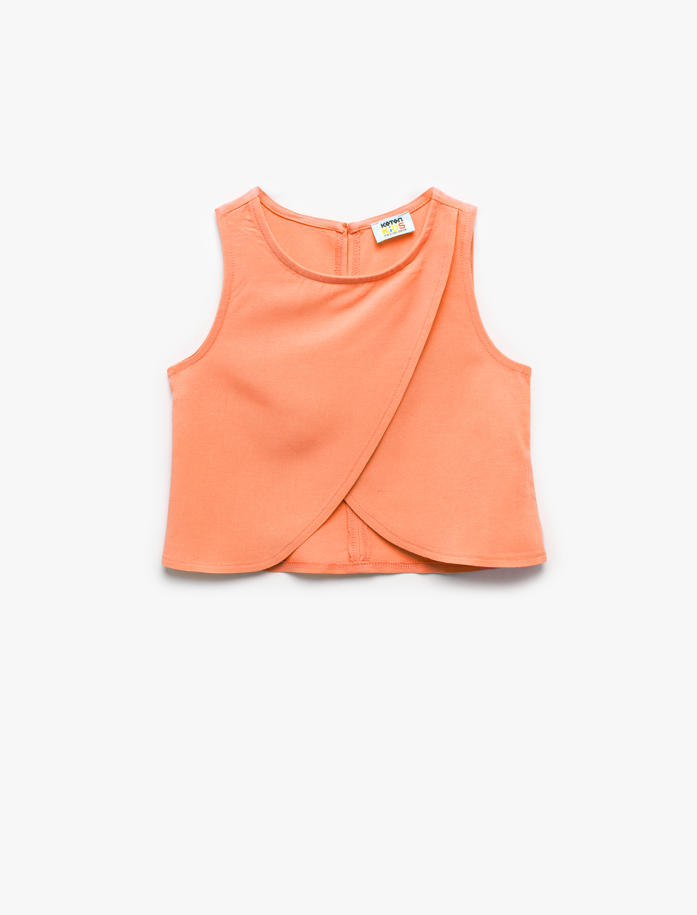  Kız Çocuk Asimetrik Kesim Yuvarlak Yaka Keten Karışımlı Kolsuz Bluz