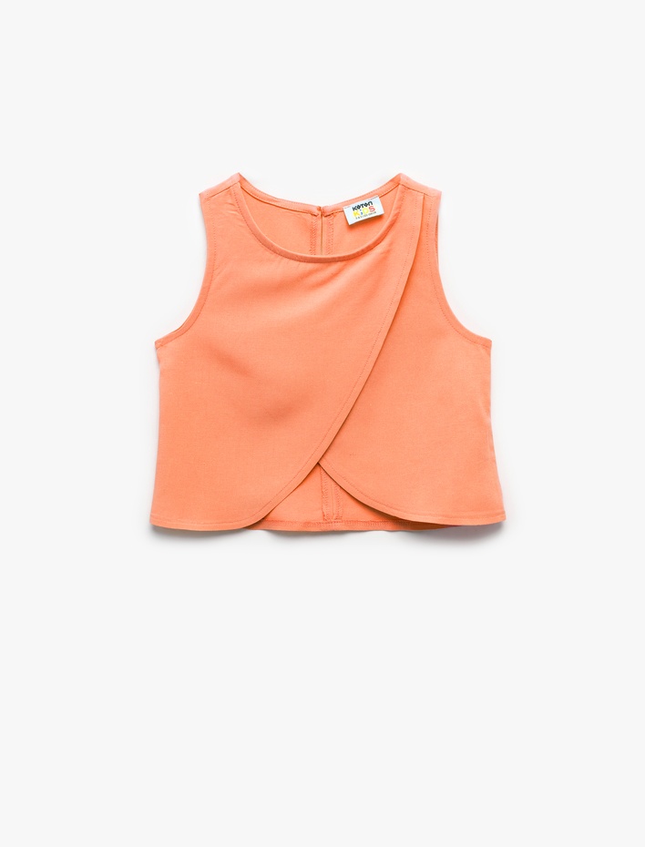 Kız Çocuk Asimetrik Kesim Yuvarlak Yaka Keten Karışımlı Kolsuz Bluz