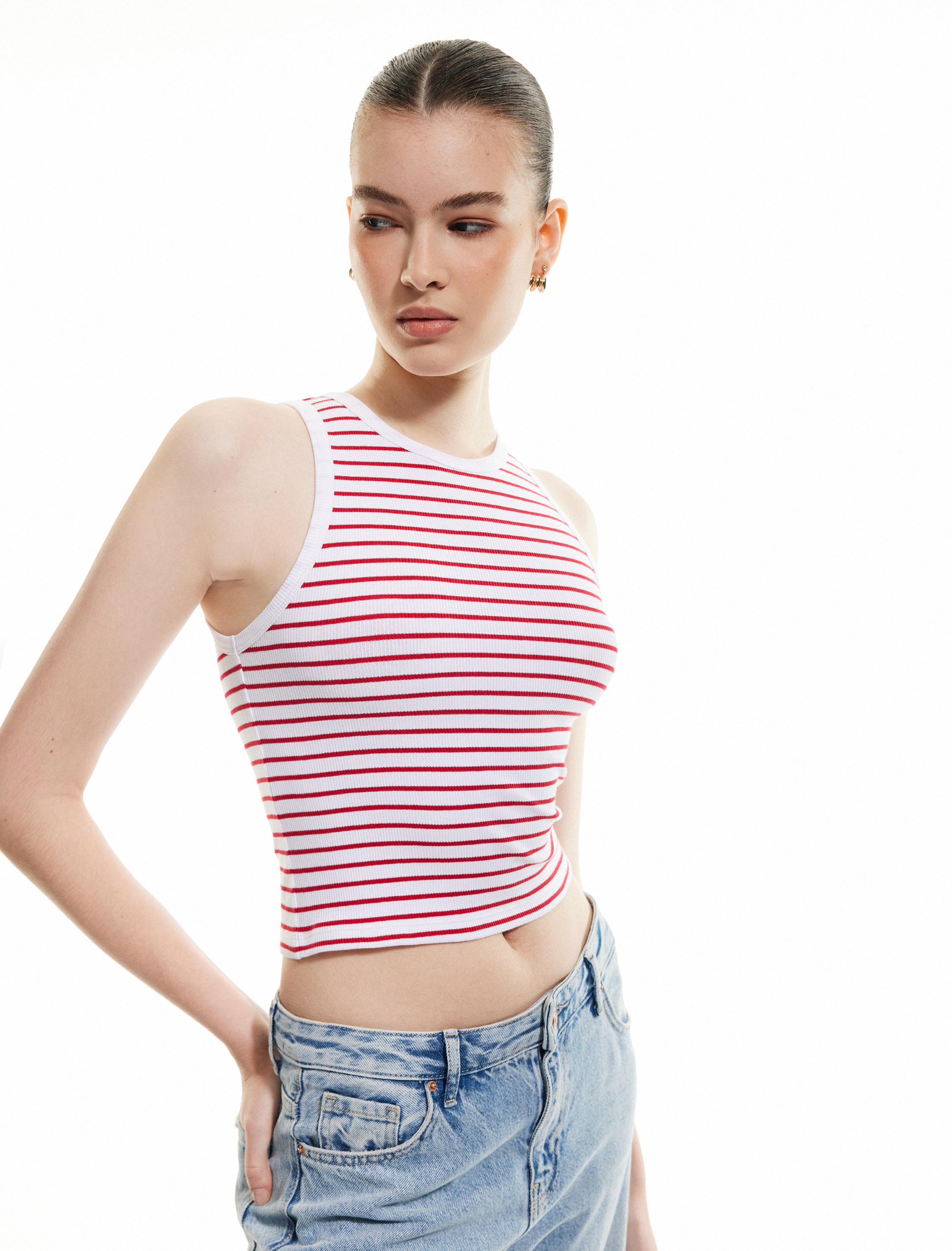   Pamuklu Kolsuz Bisiklet Yaka Fitilli Crop Atlet