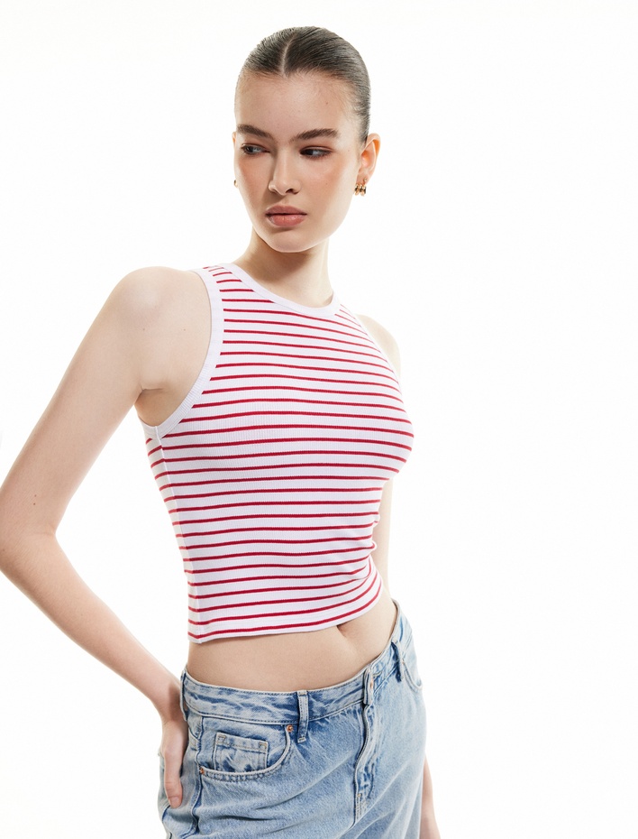  Pamuklu Kolsuz Bisiklet Yaka Fitilli Crop Atlet