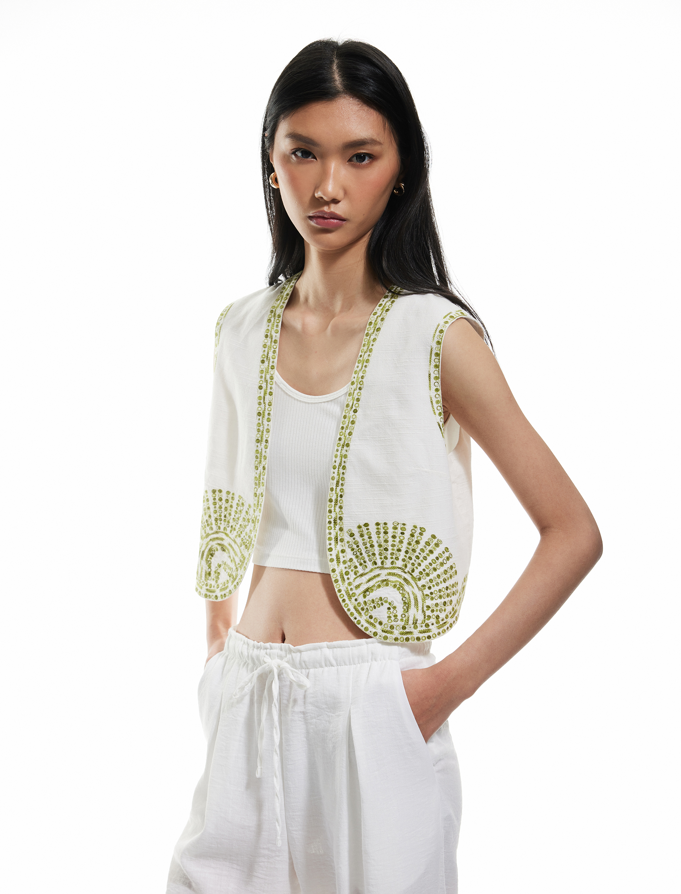   Viskon-Pamuk Karışımlı Kolsuz Boncuk İşlemeli Yelek