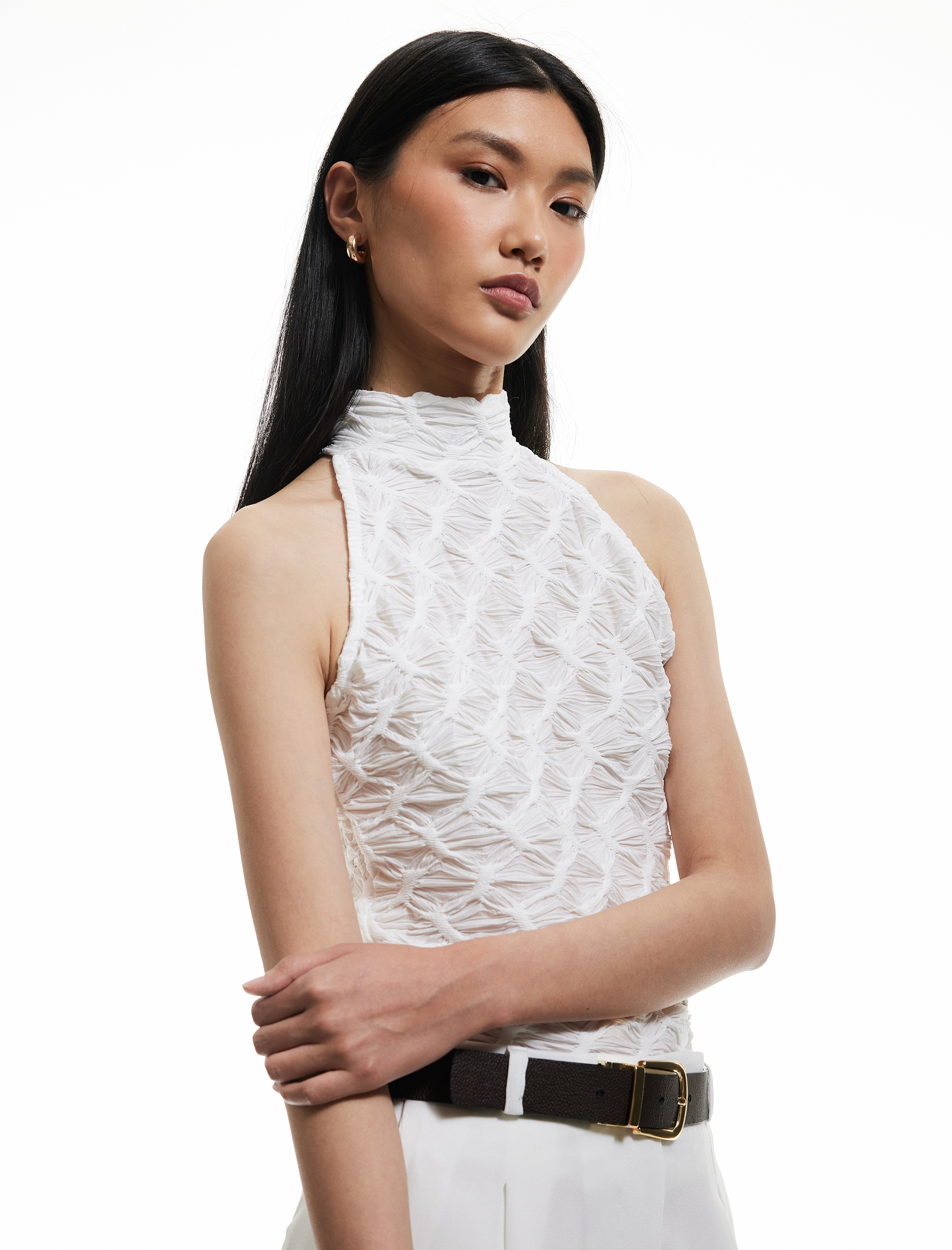   Slim Fit Kolsuz Dantel Tül Dokulu Dik Halter Yaka Top