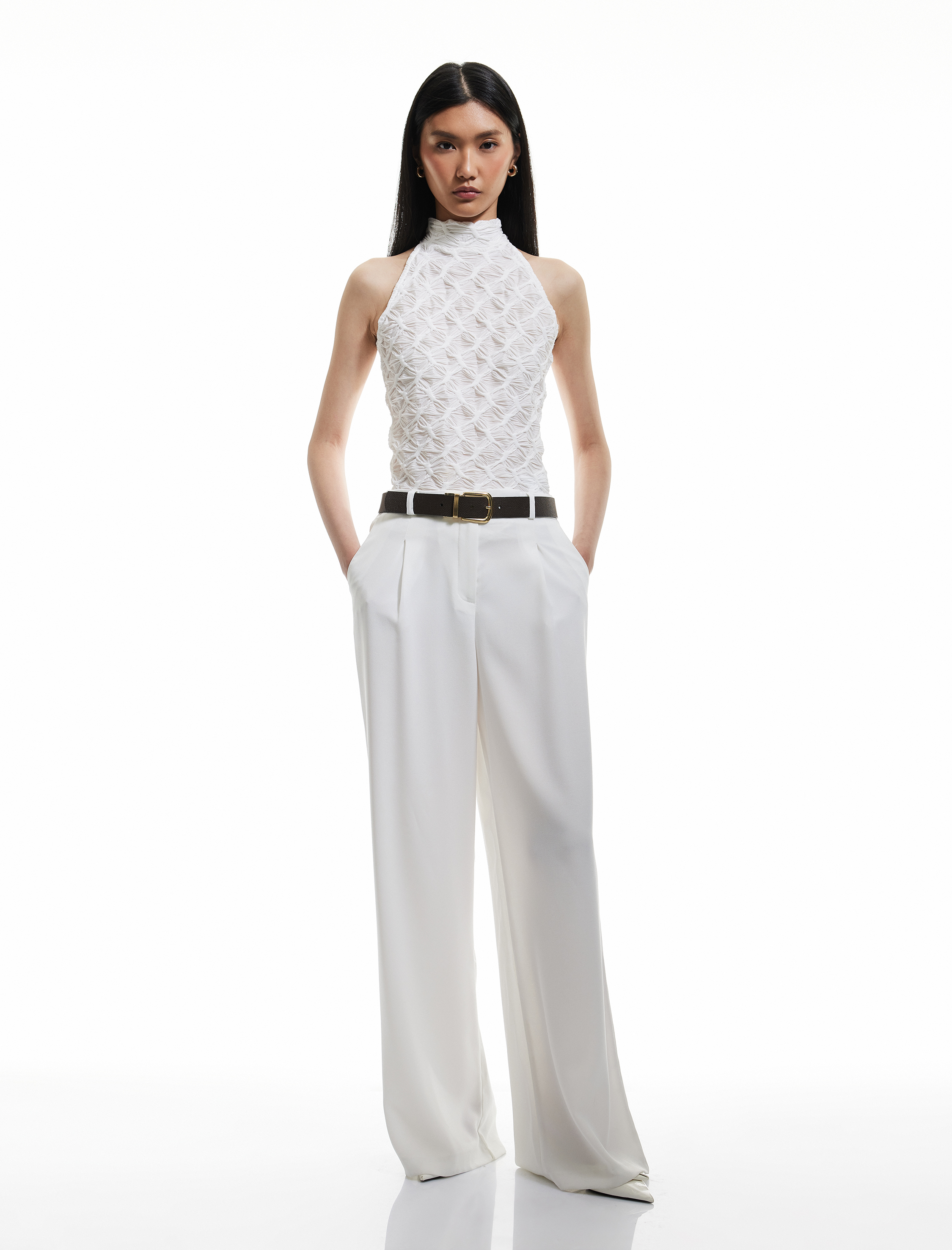   Slim Fit Kolsuz Dantel Tül Dokulu Dik Halter Yaka Top