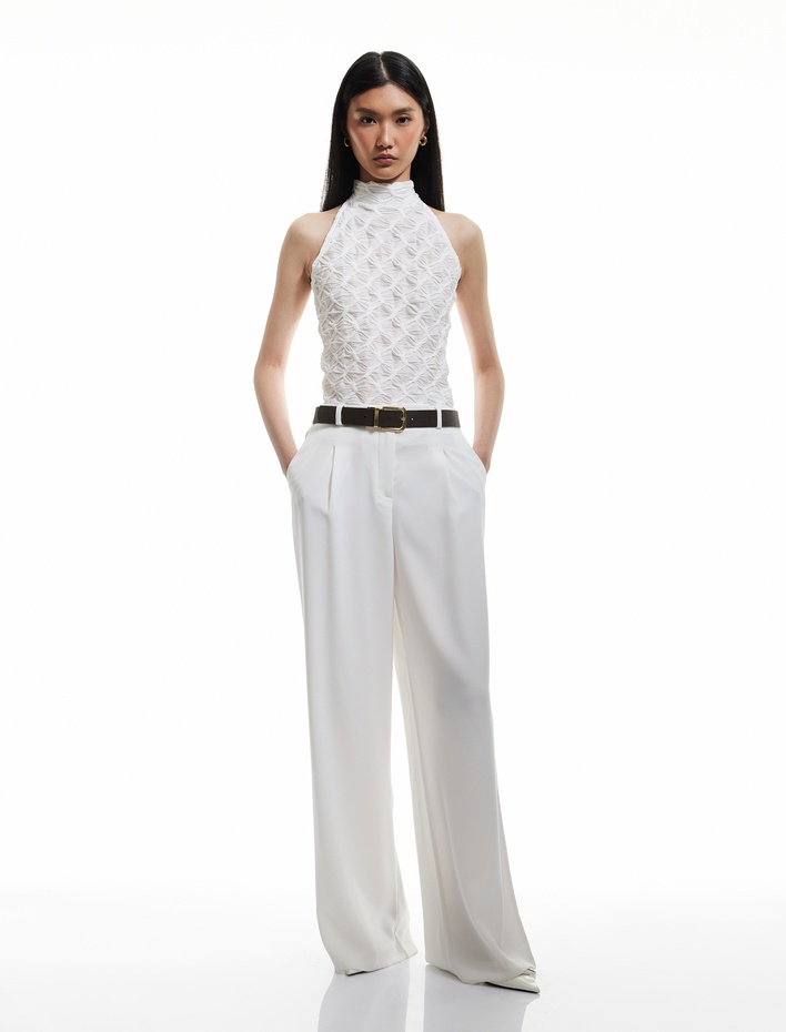  Slim Fit Kolsuz Dantel Tül Dokulu Dik Halter Yaka Top