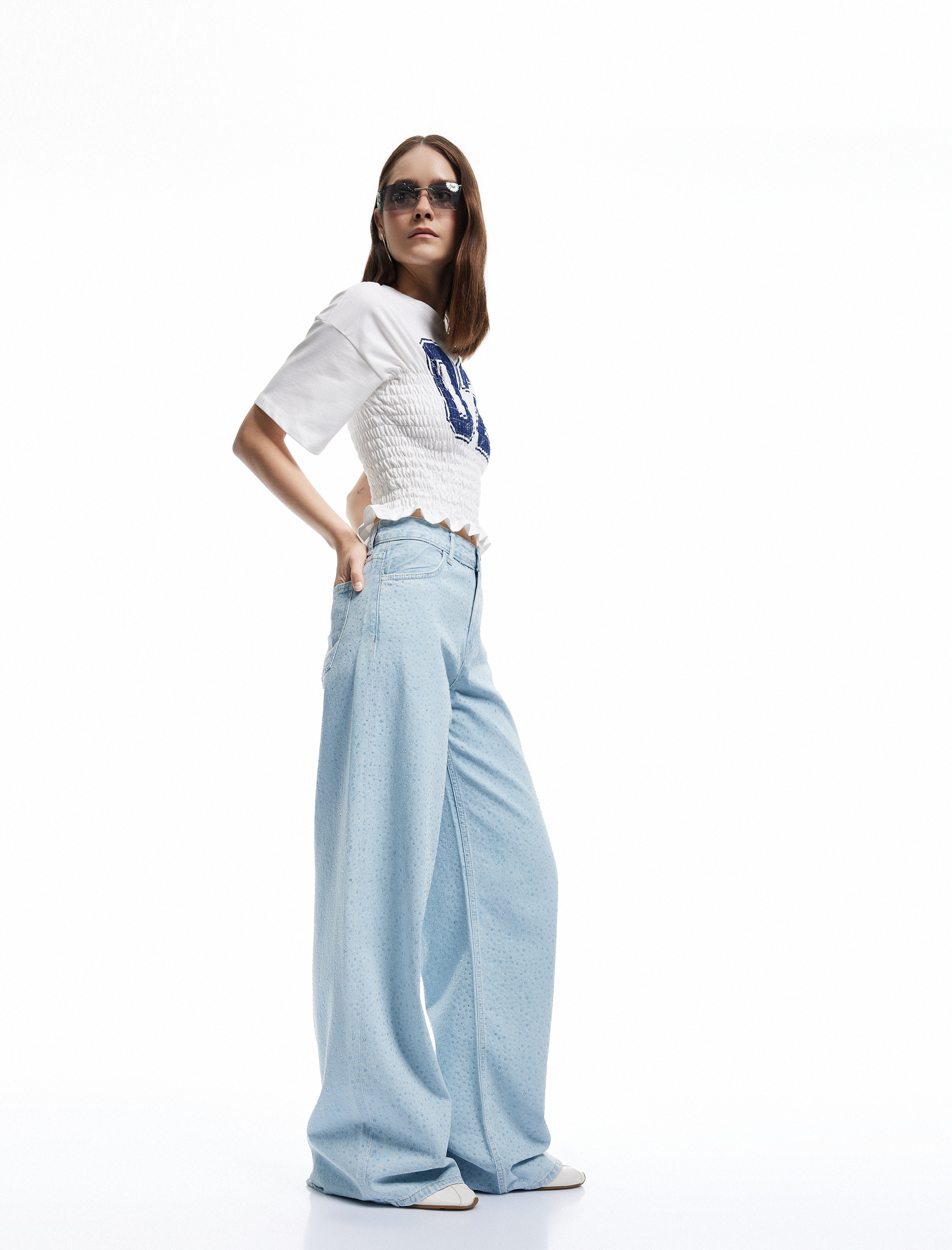   Taş Detaylı Pamuklu Düz Paça Loose Fit Jean Pantolon - Straight Jean