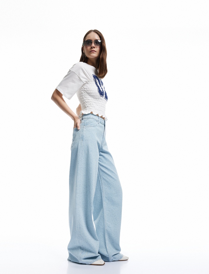  Taş Detaylı Pamuklu Düz Paça Loose Fit Jean Pantolon - Straight Jean