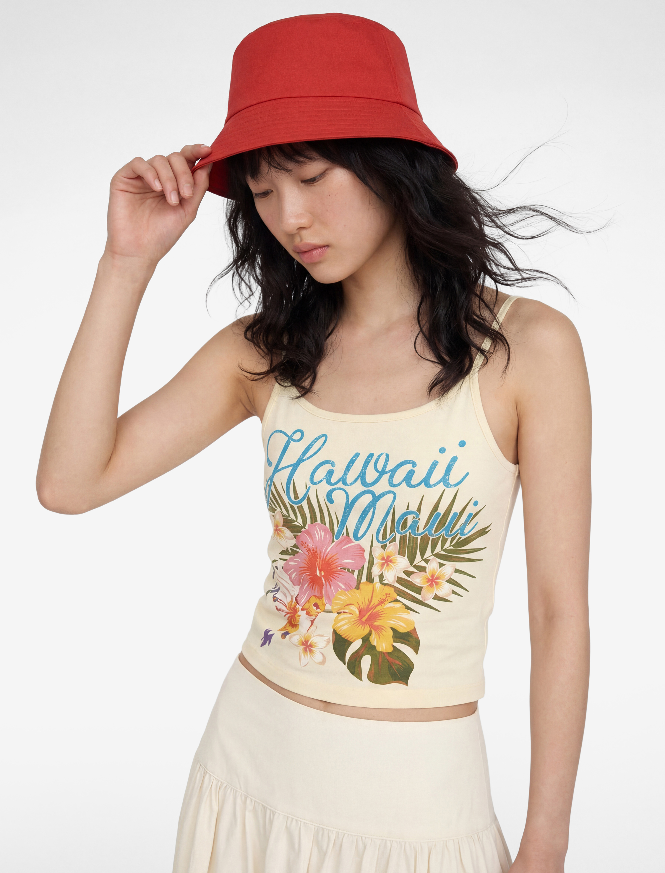   Pamuklu İp Askılı Hawaii Baskılı Slim Fit Bluz