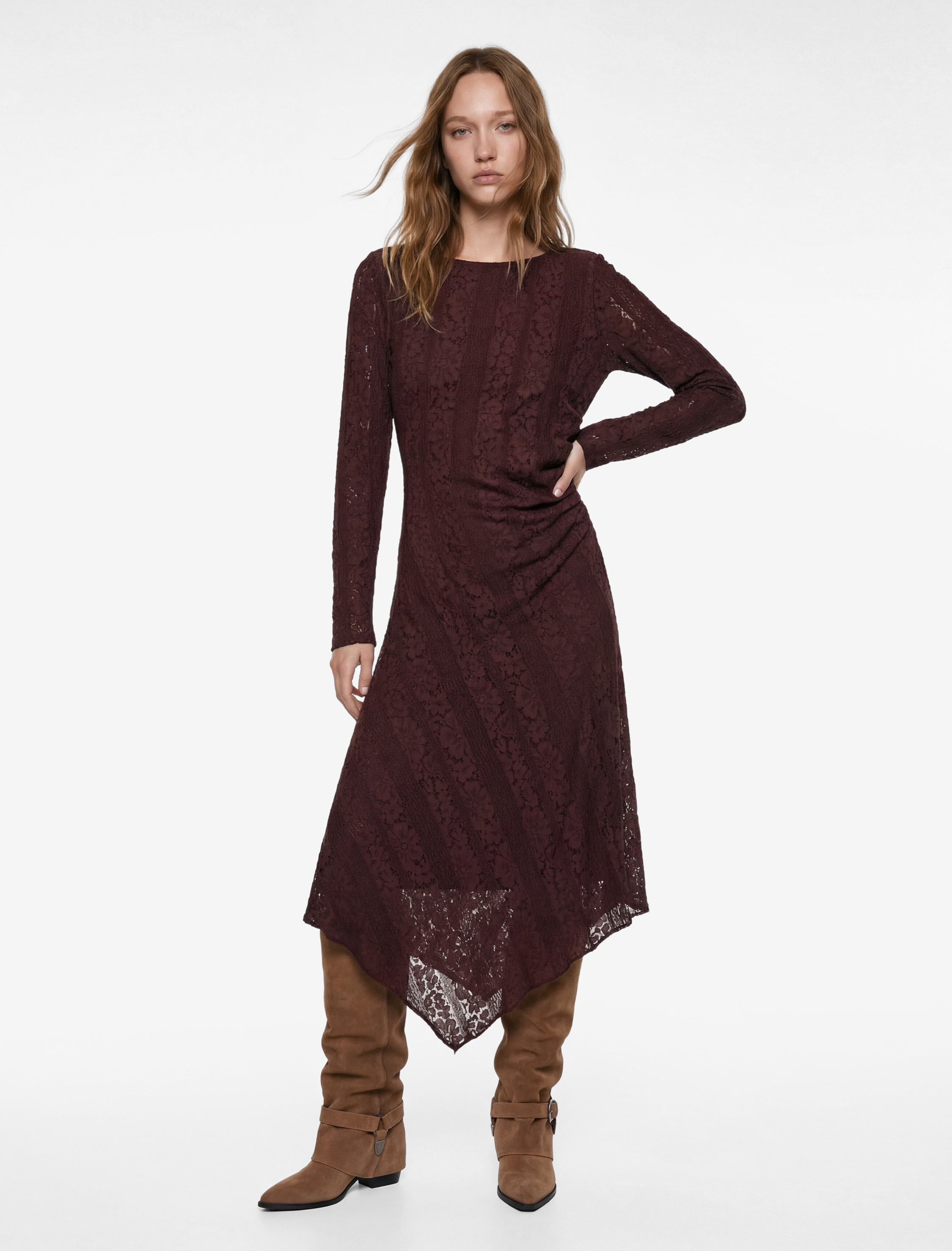   Uzun Kollu Bisiklet Yaka Drapeli Asimetrik Midi Dantel Elbise