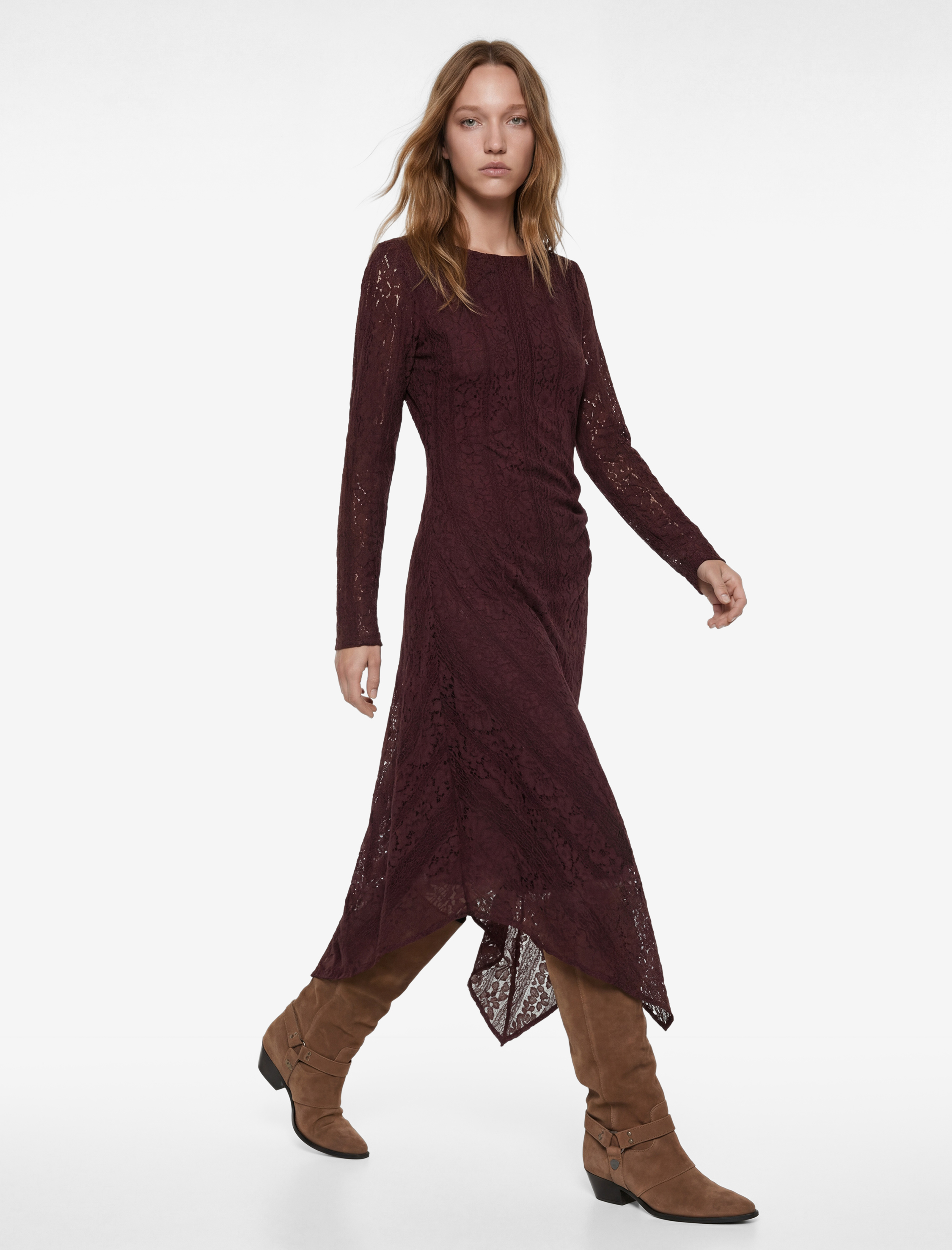   Uzun Kollu Bisiklet Yaka Drapeli Asimetrik Midi Dantel Elbise