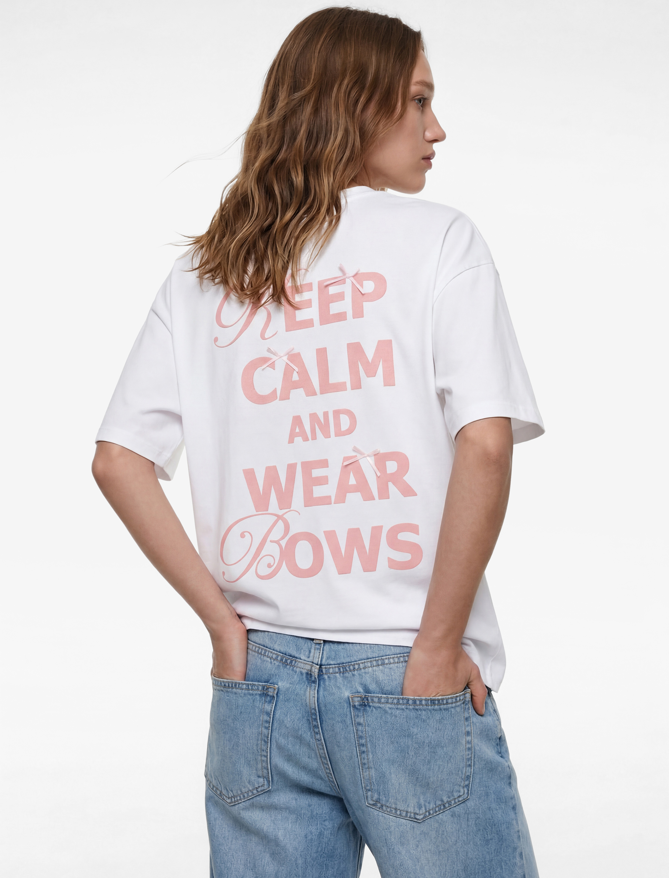   Kısa Kollu Bisiklet Yaka Pamuklu Fiyonklu Arkası Baskılı Oversize Tişört