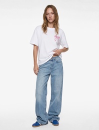 Kısa Kollu Bisiklet Yaka Fiyonklu Arkası Baskılı Oversize Tişört