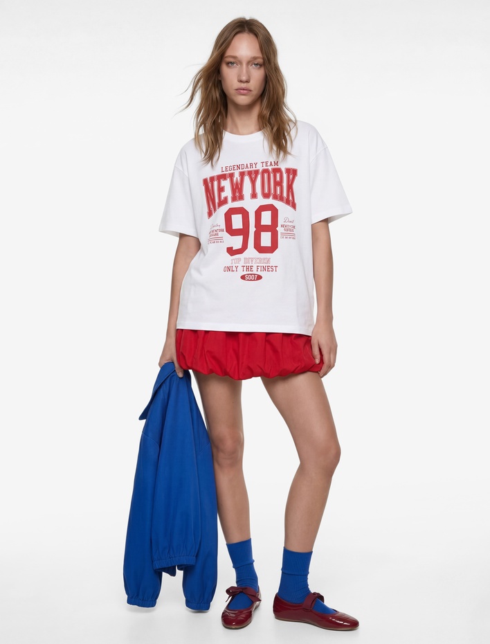  Pamuklu Kısa Kollu Bisiklet Yaka Baskılı Oversize Tişört