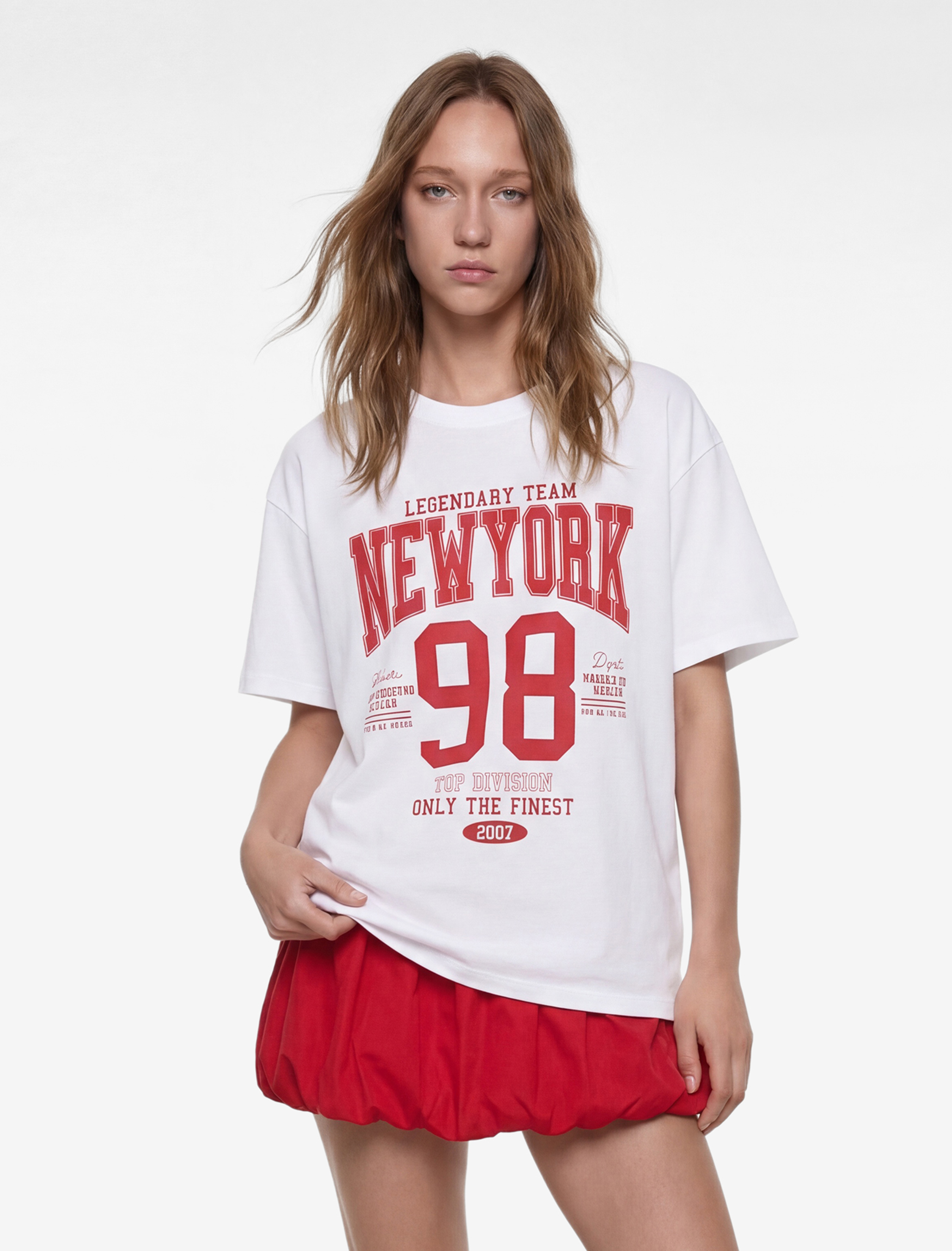   Pamuklu Kısa Kollu Bisiklet Yaka Baskılı Oversize Tişört