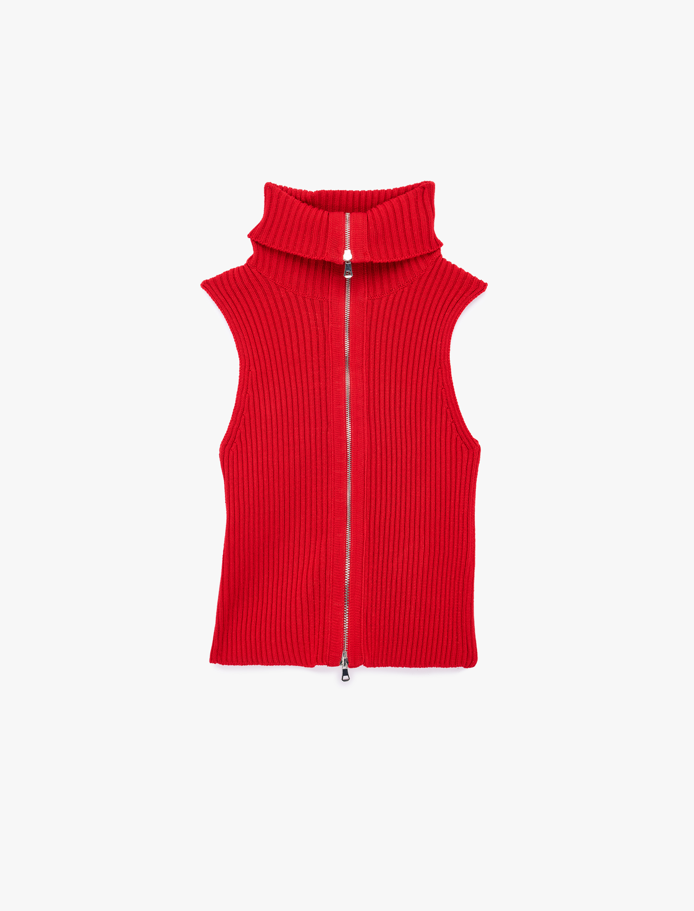   Devrik Yaka Kolsuz Alt ve Üst Fermuar Kapama Detaylı Triko Yelek