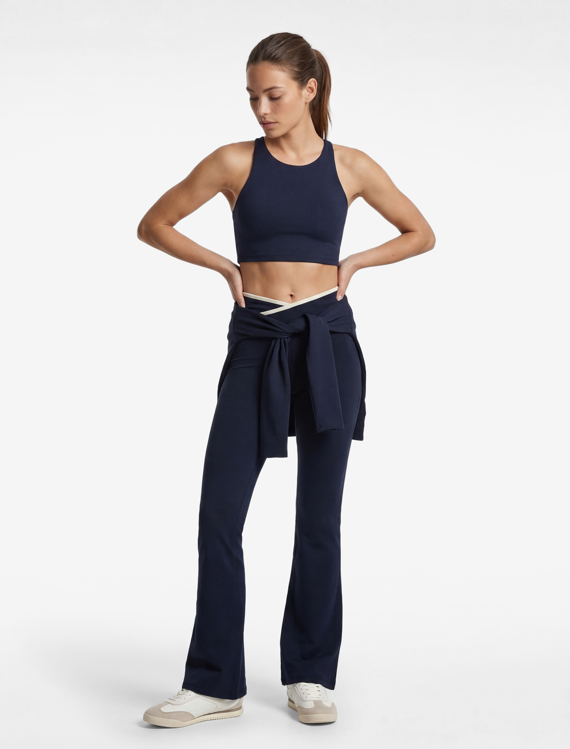   Slim Fit Asimetrik Yüksek Bel Biyeli İspanyol Paça Spor Tayt