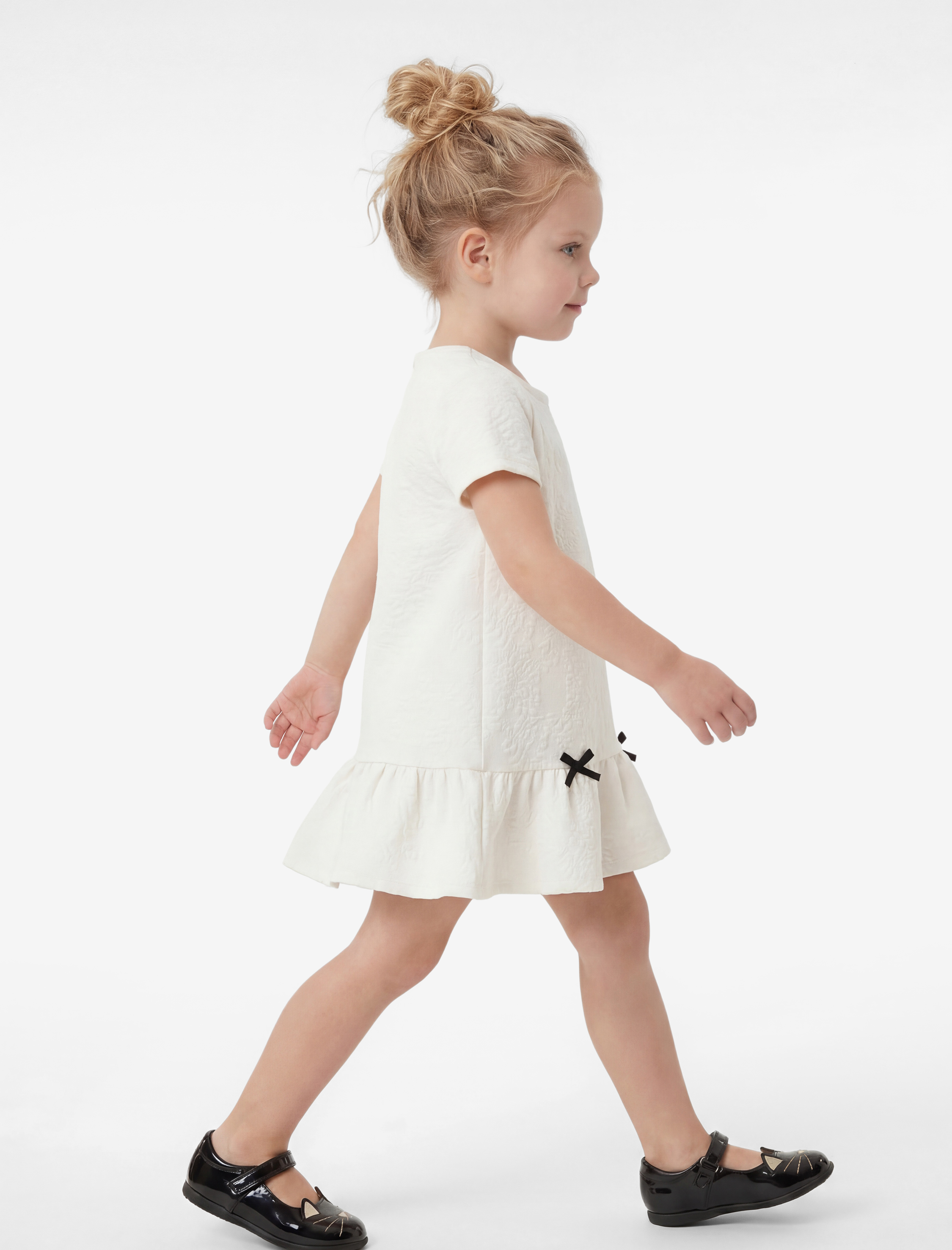  Kız Bebek Bisiklet Yaka Kısa Kollu Fiyonklu Mini Elbise