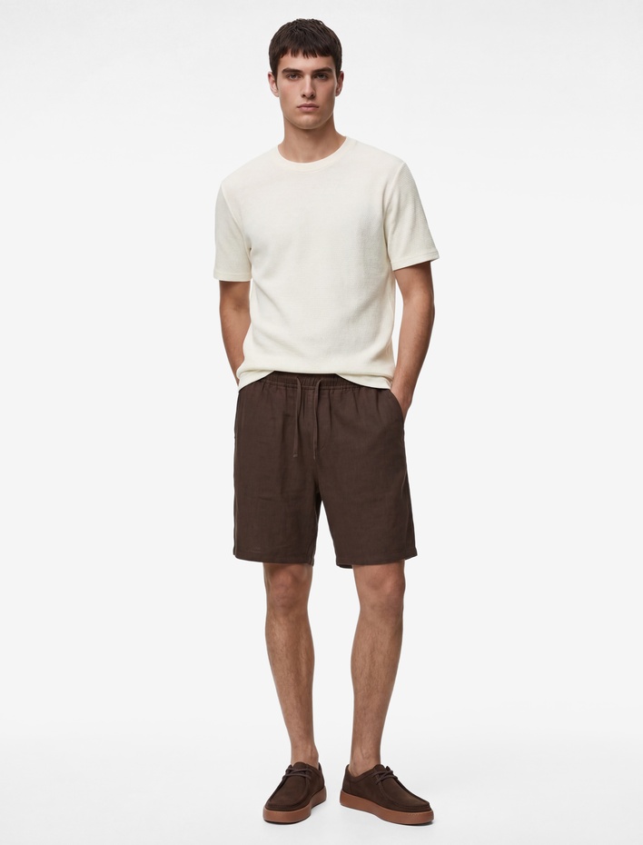  Regular Fit Kısa Kollu Pamuklu Waffle Dokulu Bisiklet Yaka Tişört