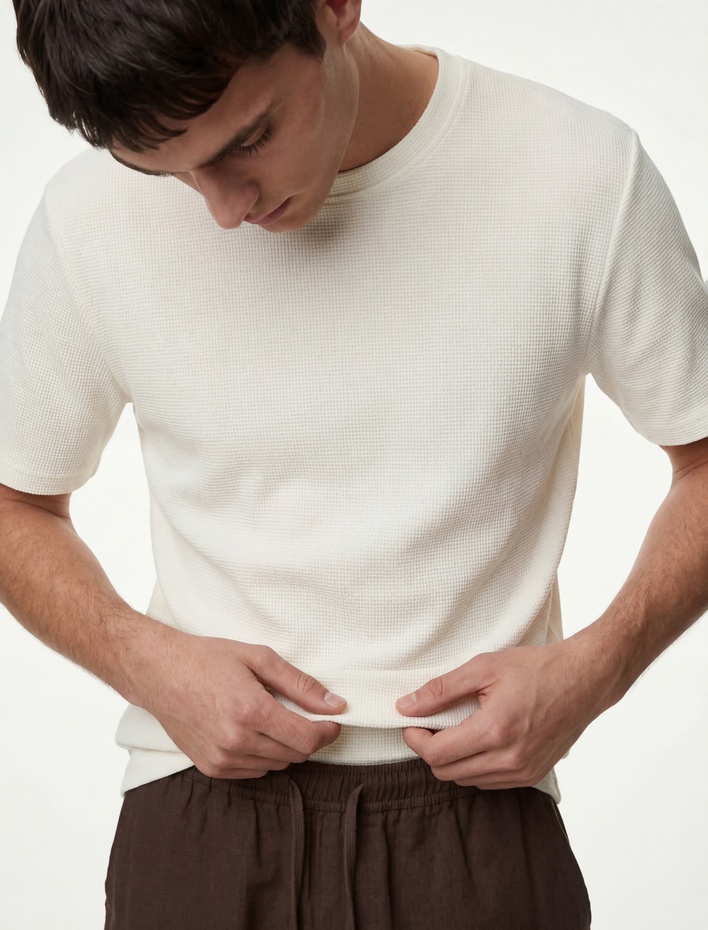  Regular Fit Kısa Kollu Pamuklu Waffle Dokulu Bisiklet Yaka Tişört