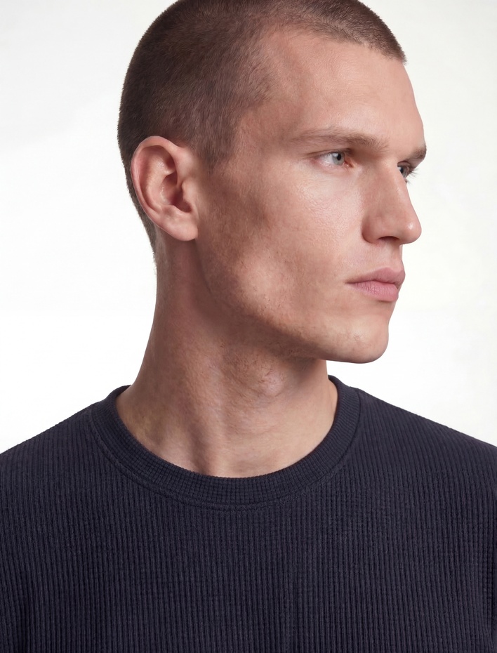  Regular Fit Kısa Kollu Pamuklu Waffle Dokulu Bisiklet Yaka Tişört