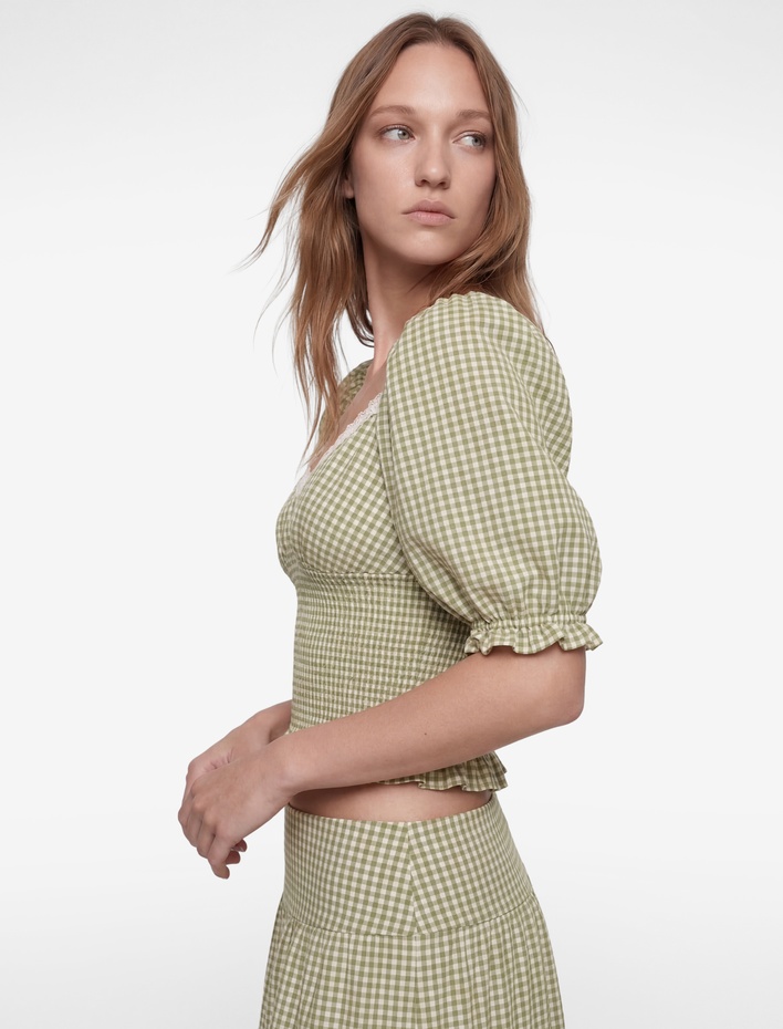  Gipeli Balon Kol V Yaka Dantelli Ekoseli Crop Bluz