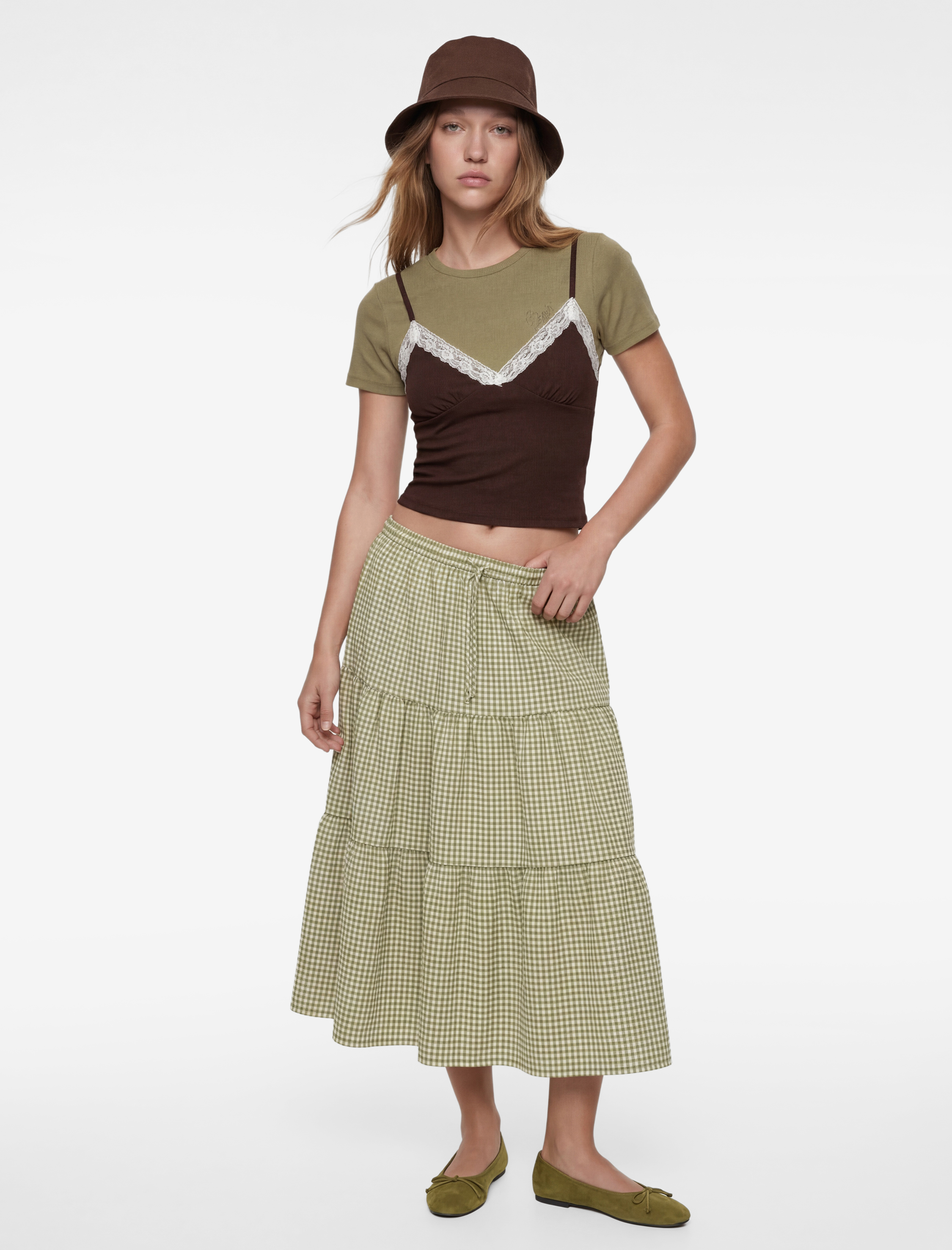   Katlı Volanlı Beli Bağcıklı Ekoseli Uzun Etek