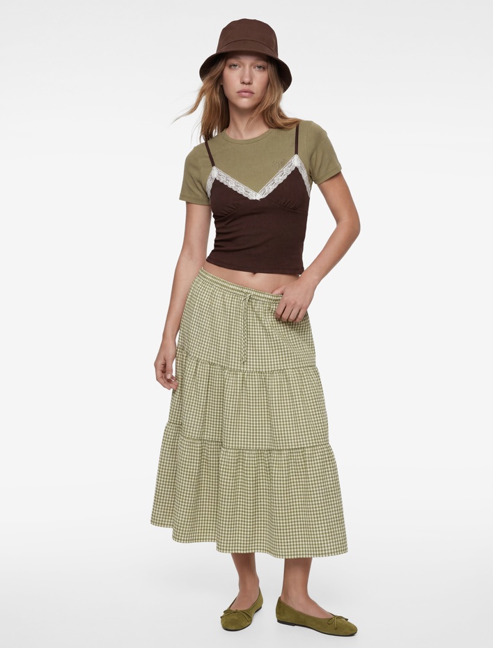  Katlı Volanlı Beli Bağcıklı Ekoseli Uzun Etek