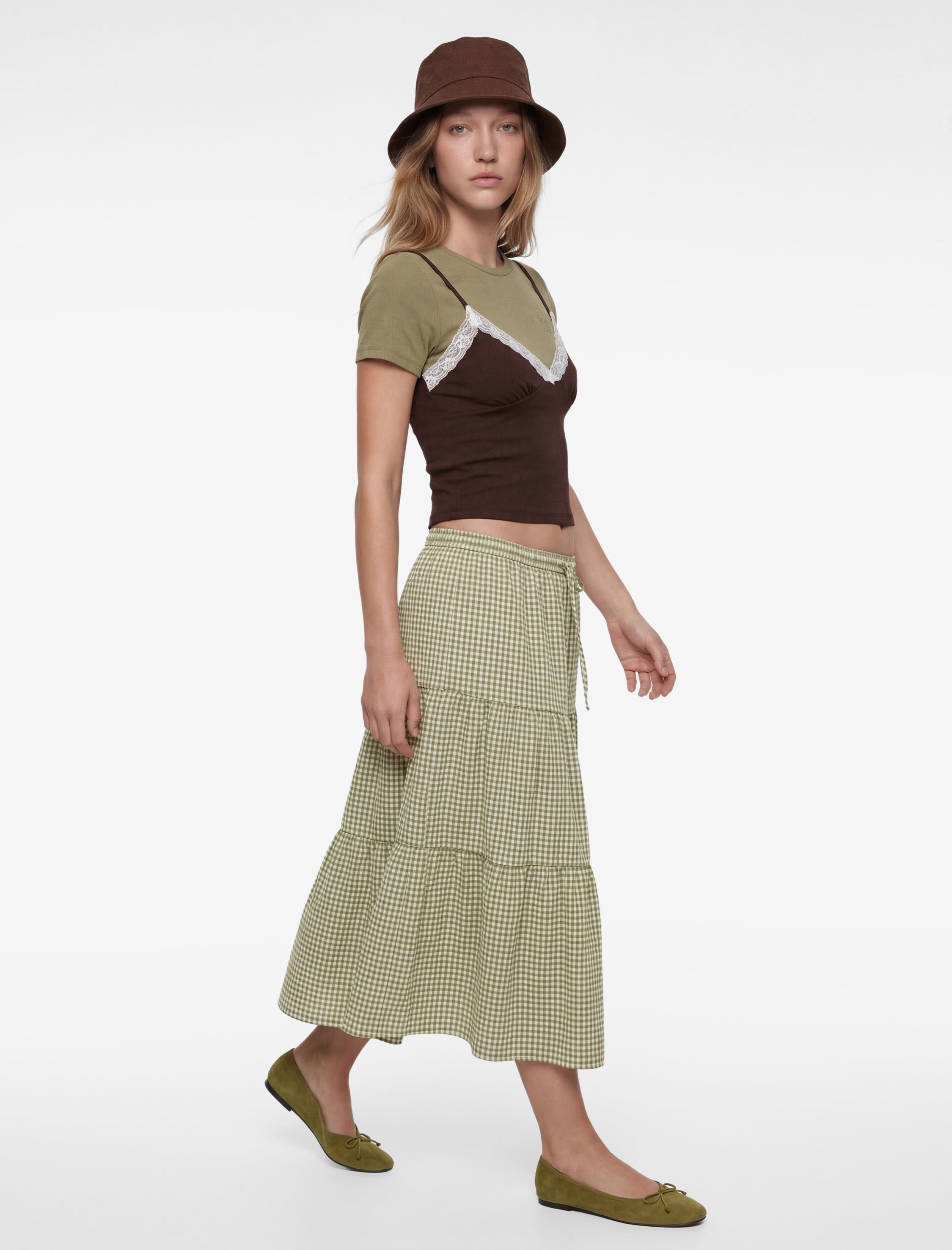   Katlı Volanlı Beli Bağcıklı Ekoseli Uzun Etek