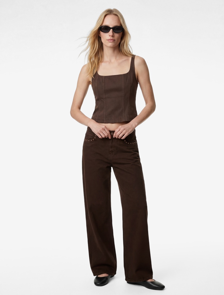 Koton Kadın Normal Bel Pamuklu Troklu Cepli Düğmeli Bol Paça Pantolon – Loose Straight Fit Jeans