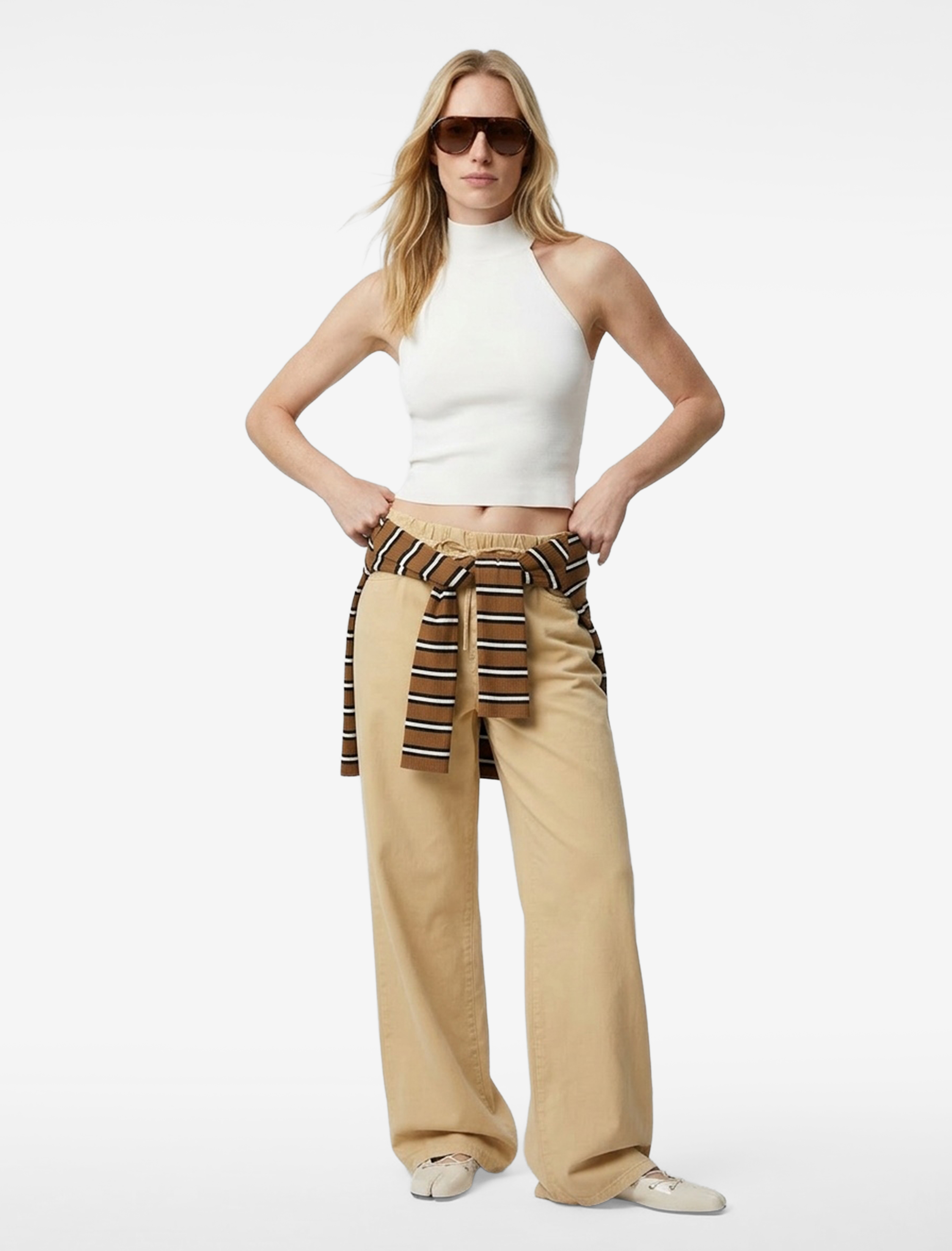   Cepli Beli Bağcıklı Pamuklu Bol Paça Pantolon - Loose Straight Fit Jean