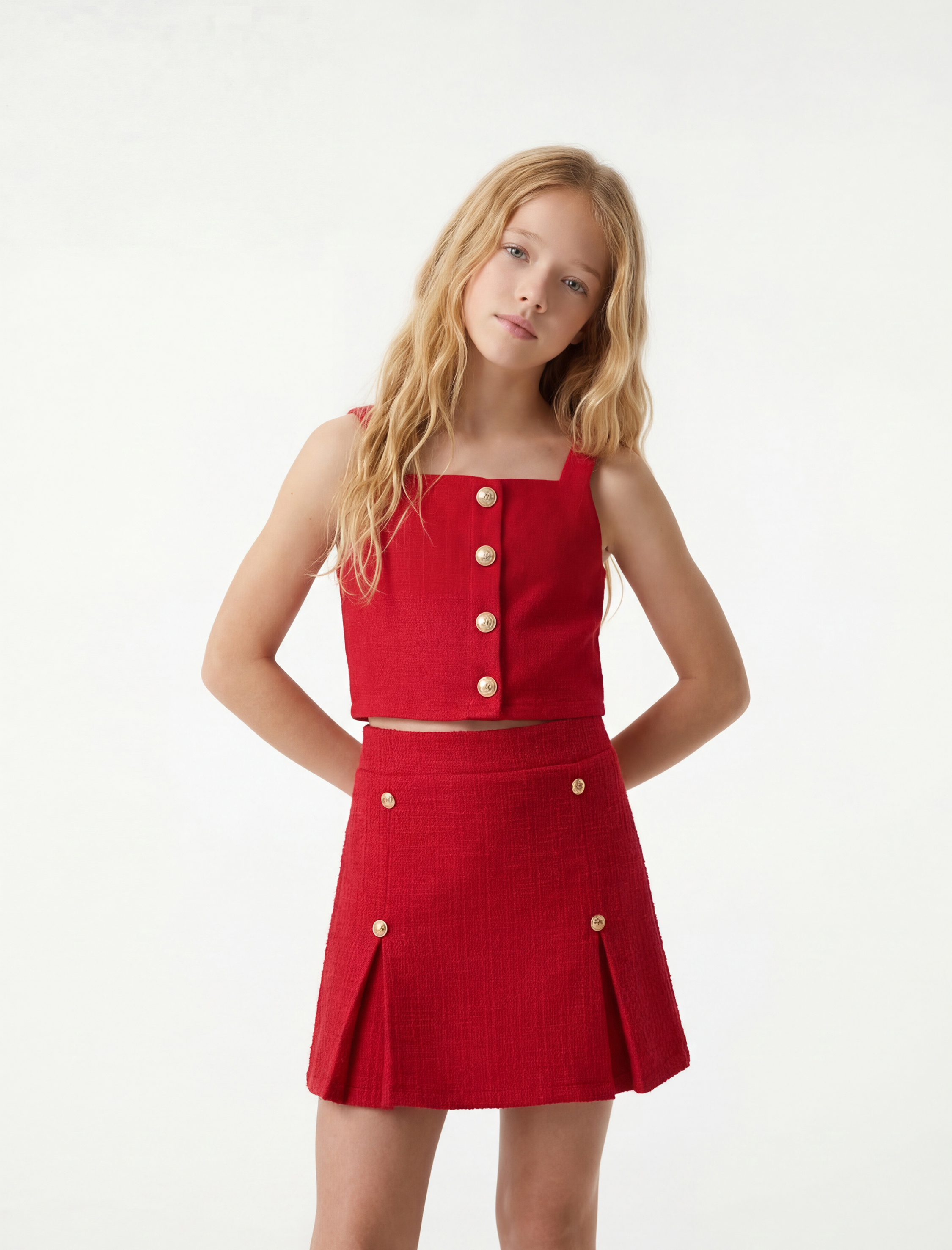  Kız Çocuk Düğme Detaylı Beli Lastikli Yırtmaçlı Tüvit Şort Etek