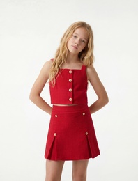 Düğme Detaylı Beli Lastikli Yırtmaçlı Tüvit Şort Etek