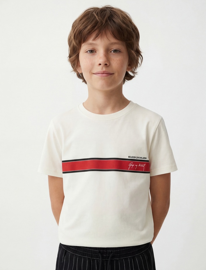 Erkek Çocuk Pamuklu Kısa Kollu Bisiklet Yaka Atatürk İmzası Baskılı Tişört