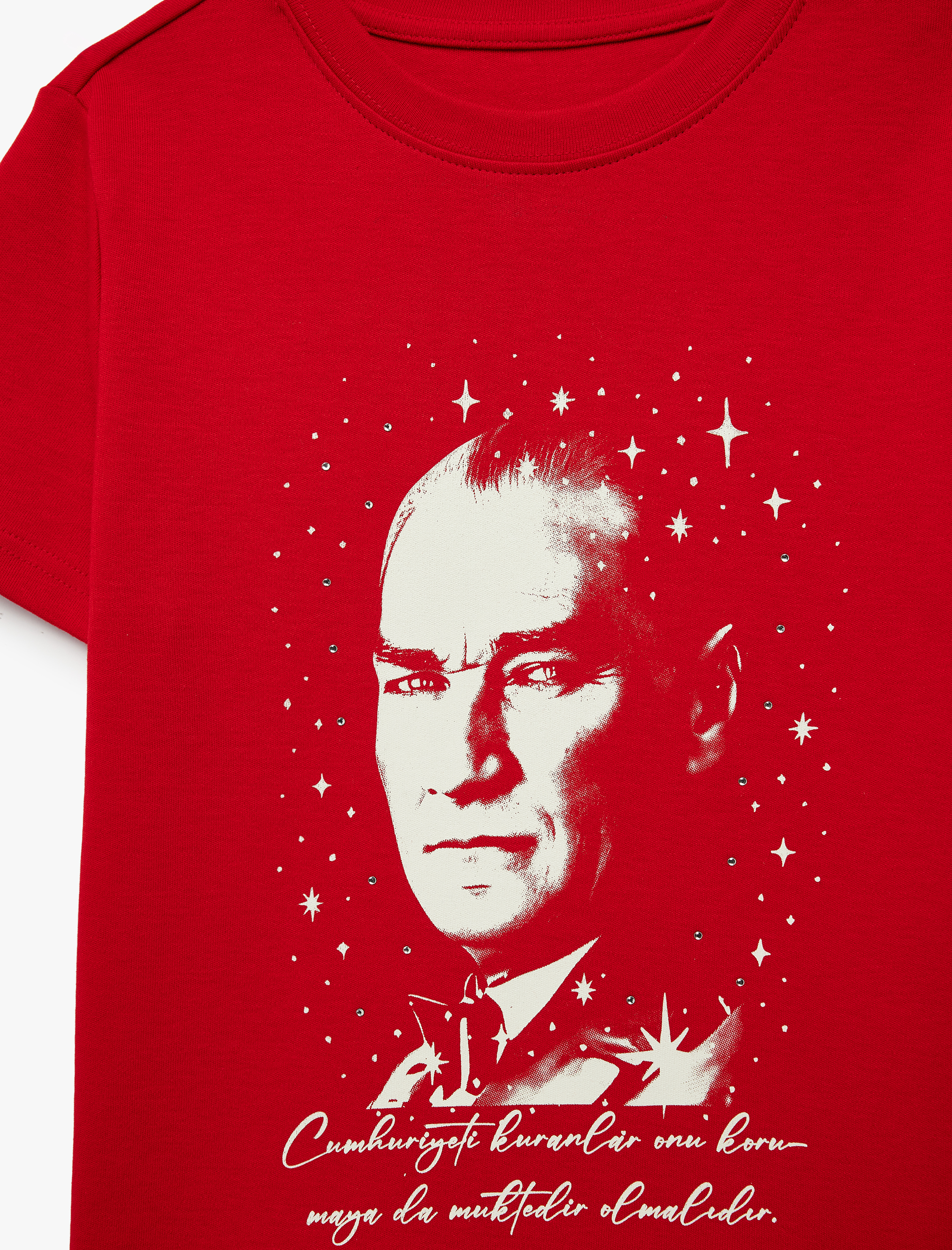  Kız Çocuk Pamuklu Bisiklet Yaka Kısa Kollu Parıltılı Taş Detaylı Atatürk Baskılı Tişört