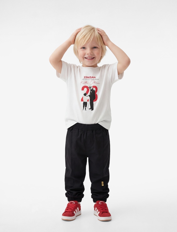 Erkek Bebek Kısa Kollu Bisiklet Yaka Oversize Pamuklu Atatürk Baskılı Tişört