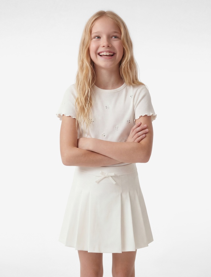 Kız Çocuk Pamuklu Kısa Kollu Bisiklet Yaka Pullu Payetli  Çiçekli Tişört