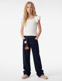 Fırfır Detaylı Kare Yaka Kısa Kollu Bluz