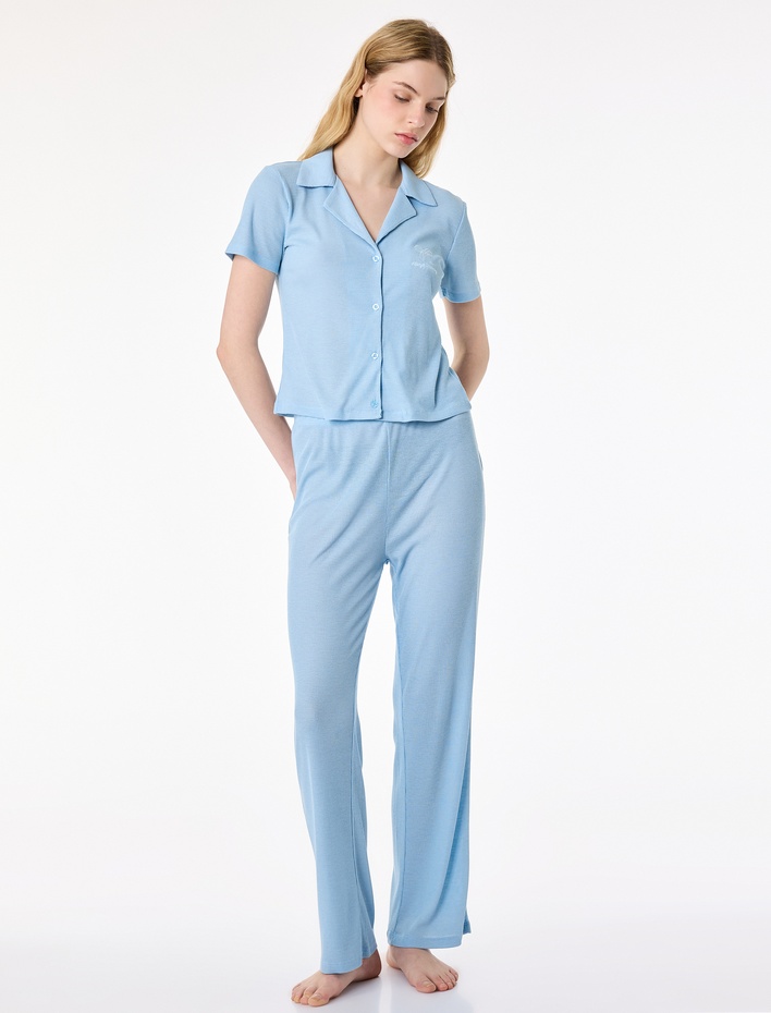  Rahat Kalıp Gömlek Yaka Fitilli Pijama Takımı