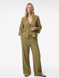 Keten Karışımlı Uzun Geniş Kollu Önden Bağlamalı Fiyonk Detaylı Kısa Kimono Bluz