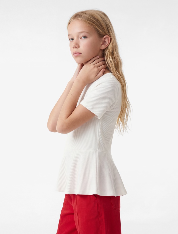 Kız Çocuk Bürümcük Kısa Kollu Bisiklet Yaka Peplum Tişört